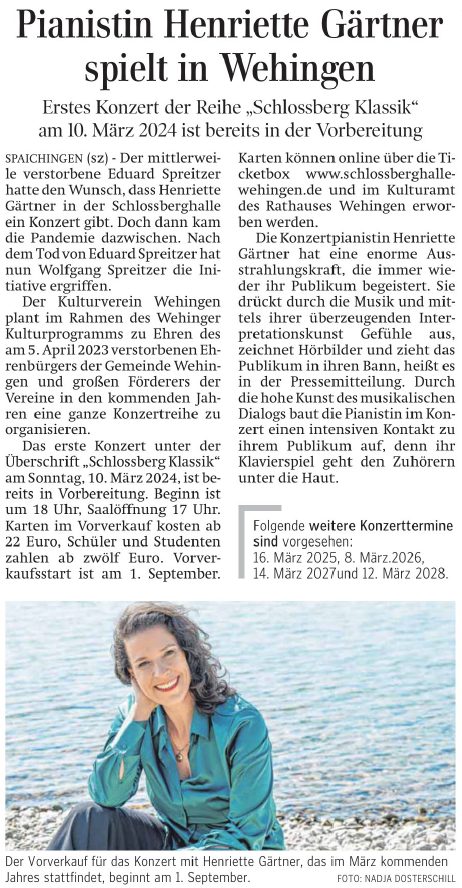 Zeitungsartikel über den Klavierabend mit Henriette Gartner. Quelle: Heuberger Bote vom 11.8.2023