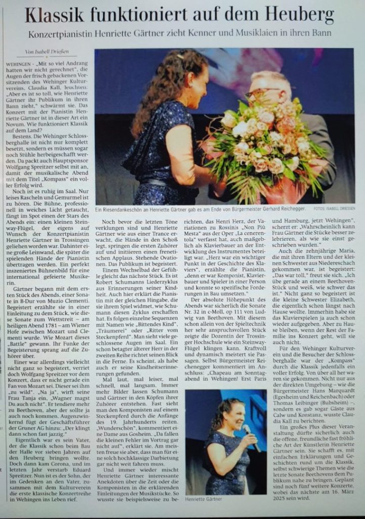 Zeitungsartikel zur Auftaktveranstaltung der Reihe Schlossberg Klassik im Jahr 2024